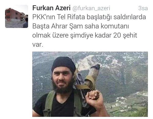 Tweet di un soldato membro del gruppo terrorista Ahrar ar Sham, dove conferma la sconfitta a Tel Rifat e la morte di 20 jihadisti.
