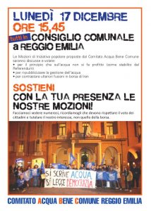 Reggio Emilia - invito alla discussione delle mozioni popolari sull'acqua pubblica