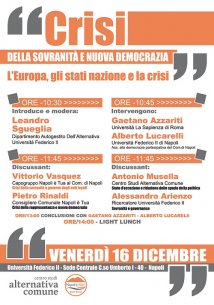 Napoli - Crisi della sovranità e nuova democrazia.16 dicembre convegno alla Federico II