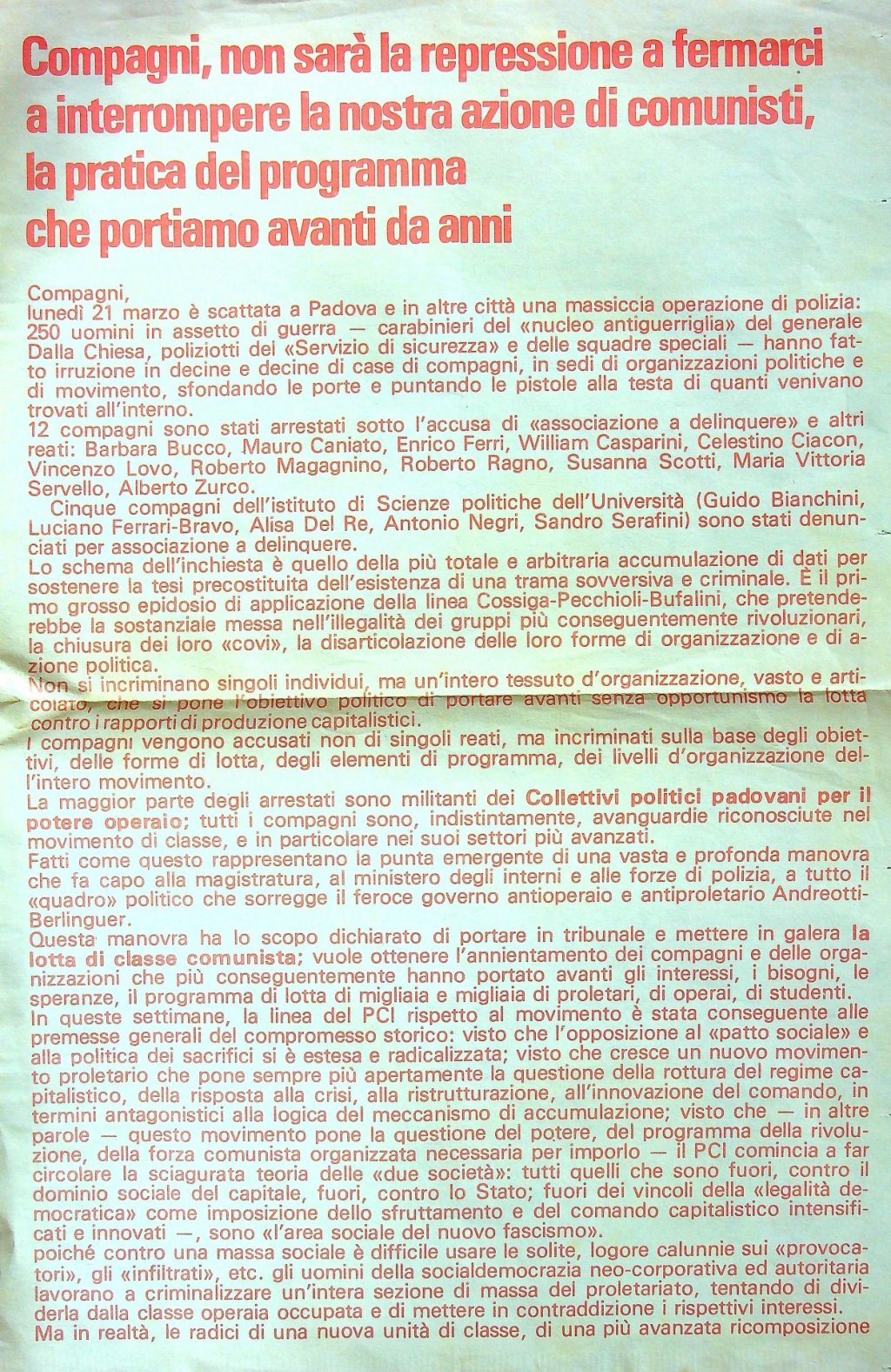 Volantone Collettivi Politici Veneti et al contro operazione repressiva a Padova 21 marzo 1977 pt1