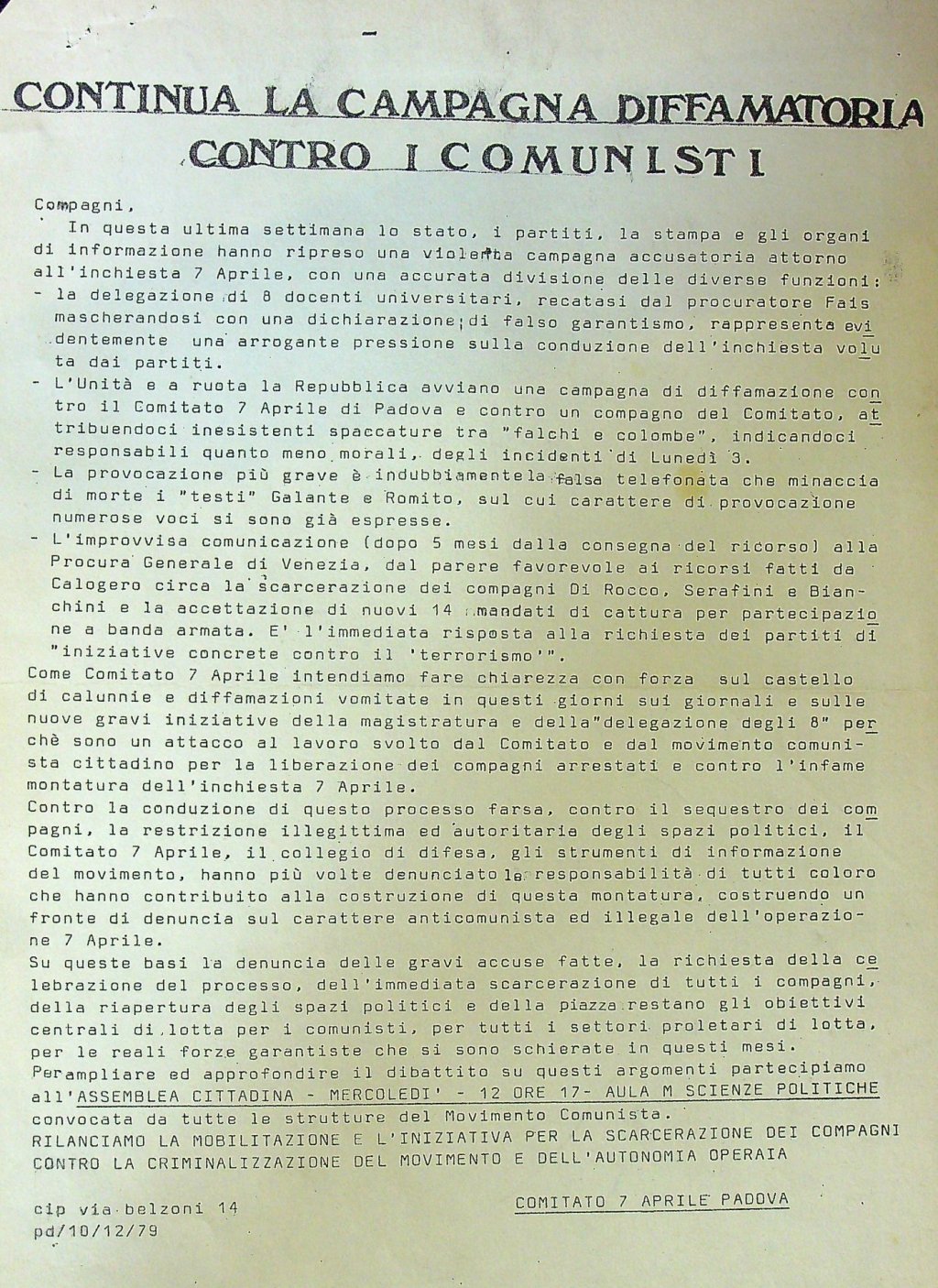 Comitato 7 Aprile Padova - Volantino 12 ottobre 1979