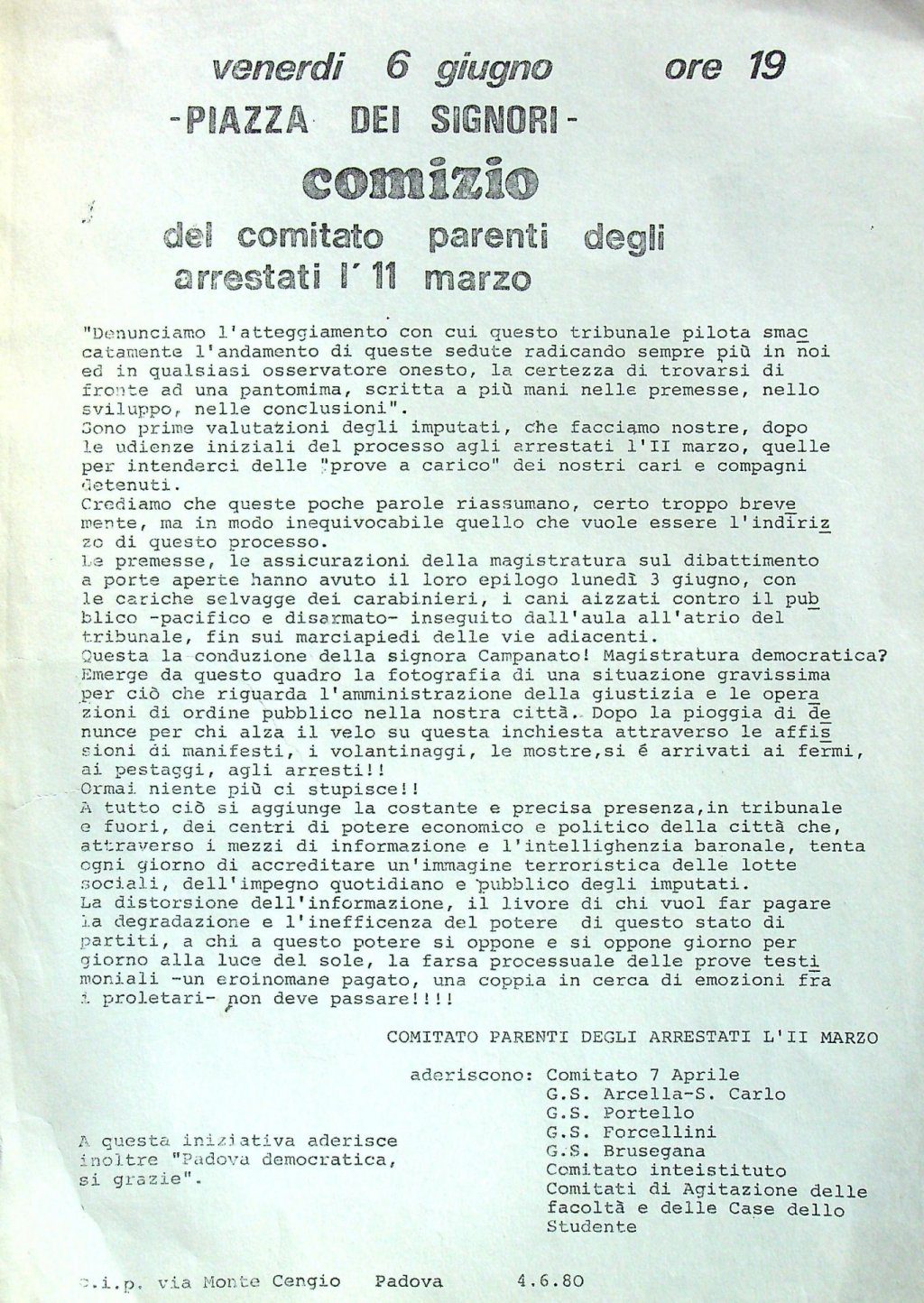 Volantino per manifestazione Comitato parenti arrestati 11 marzo - 4 giugno 1980