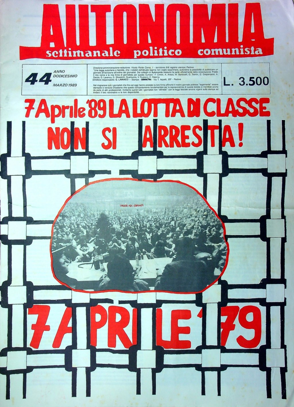 Copertina Settimanale Autonomia - marzo 1989