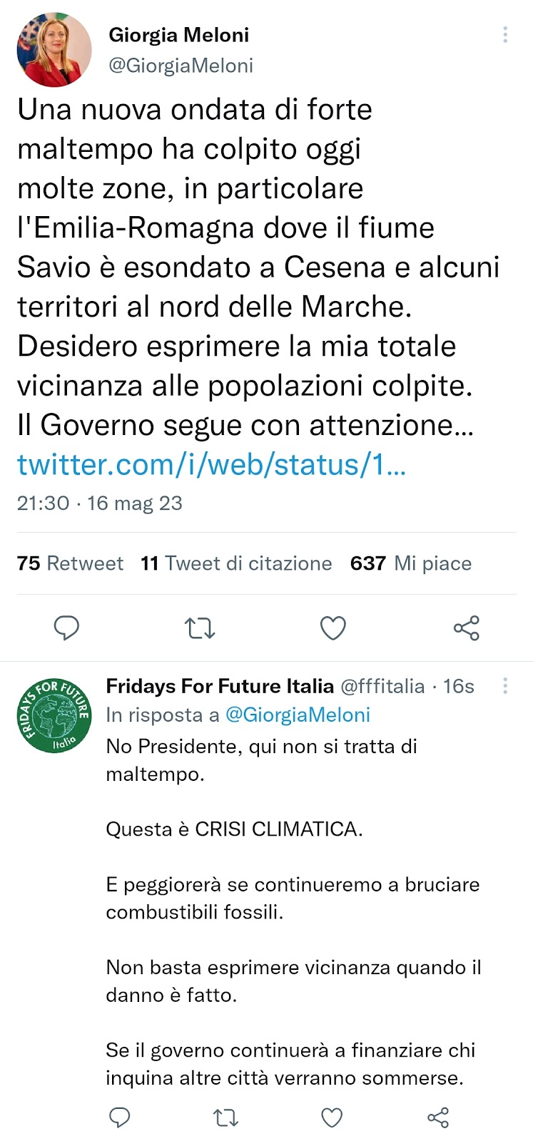 Tweet FFF Italia Giorgia Meloni